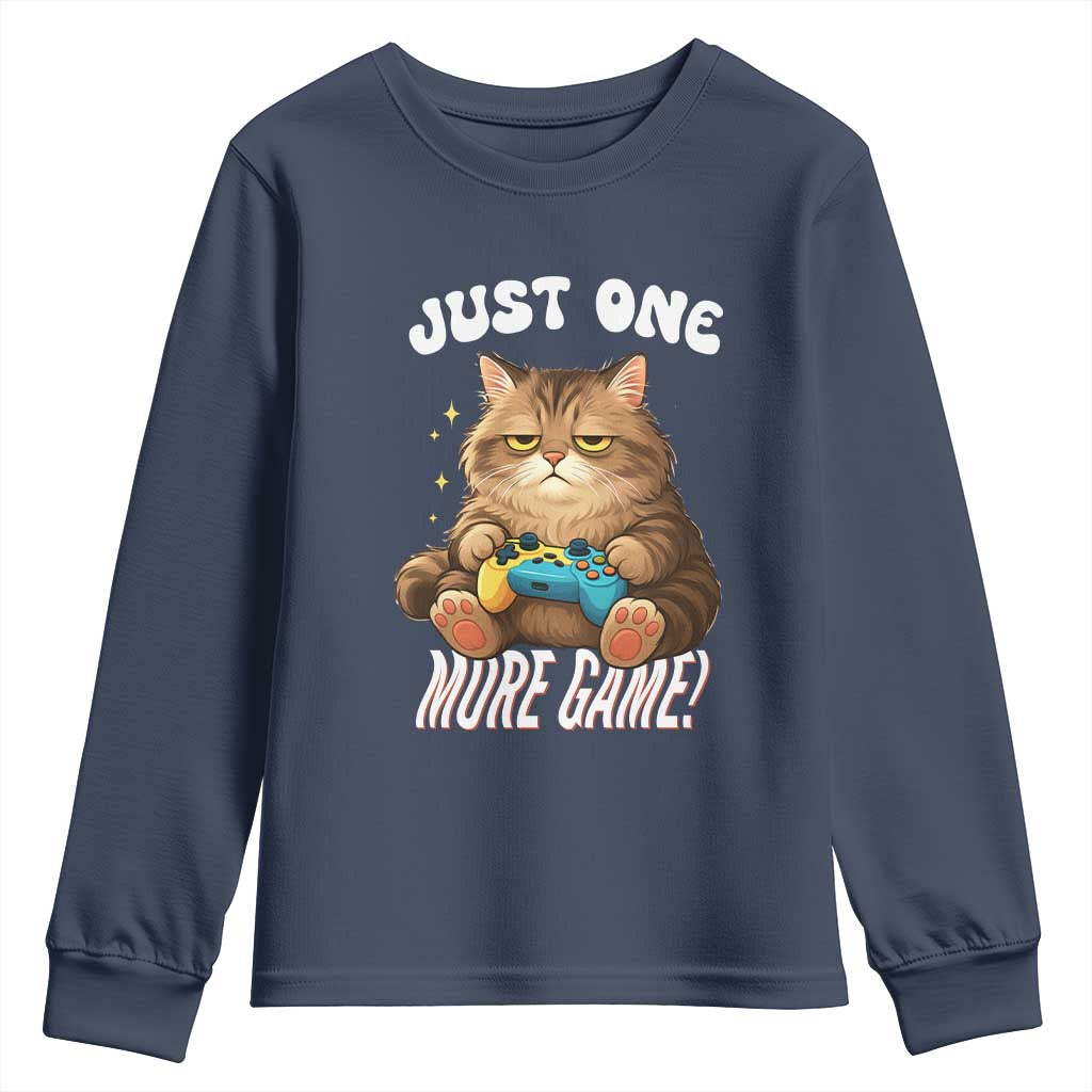 Just One More Game Youth Sweatshirt Funny Lazy Cat Playing Video Game - Wonder Print Shop