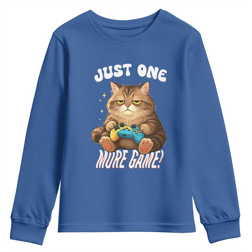 Just One More Game Youth Sweatshirt Funny Lazy Cat Playing Video Game - Wonder Print Shop