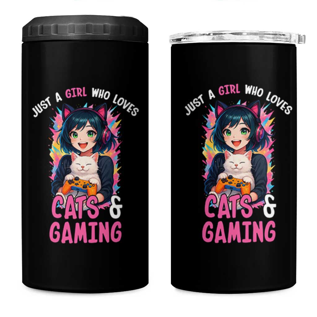 Just A Girl Who Loves Cats And Gaming 4 in 1 Can Cooler Tumbler Cute Gamer Gift
