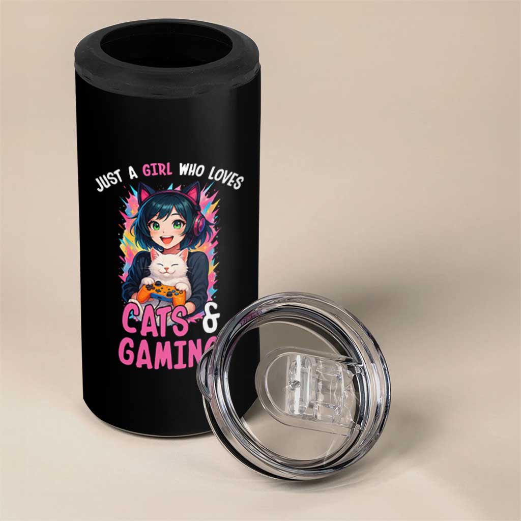 Just A Girl Who Loves Cats And Gaming 4 in 1 Can Cooler Tumbler Cute Gamer Gift
