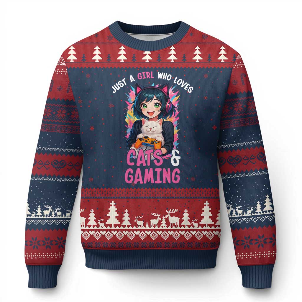 Just A Girl Who Loves Cats And Gaming Ugly Christmas Sweater Cute Gamer Gift - Wonder Print Shop