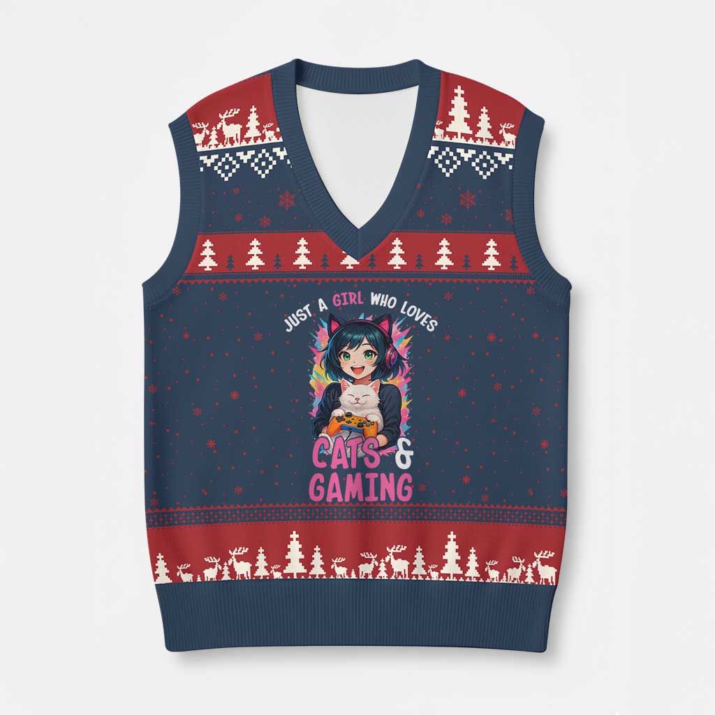 Just A Girl Who Loves Cats And Gaming V-Neck Knit Sweater Vest Cute Gamer Gift - Wonder Print Shop