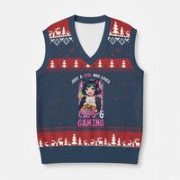Just A Girl Who Loves Cats And Gaming V-Neck Knit Sweater Vest Cute Gamer Gift - Wonder Print Shop