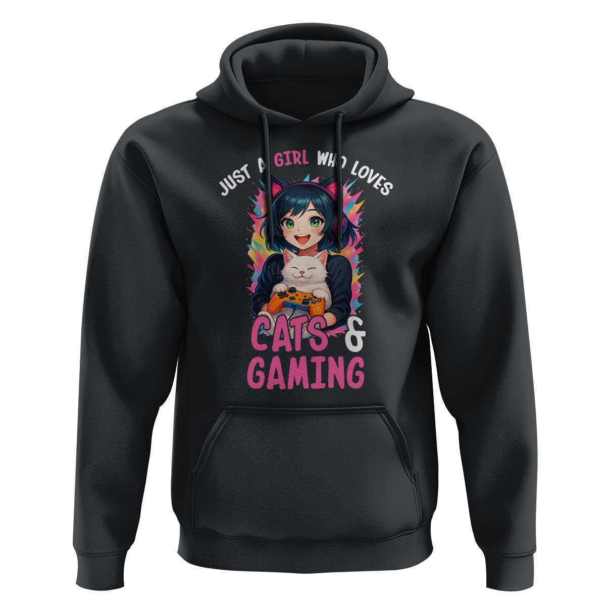 Just A Girl Who Loves Cats And Gaming Hoodie Cute Gamer Gift - Wonder Print Shop