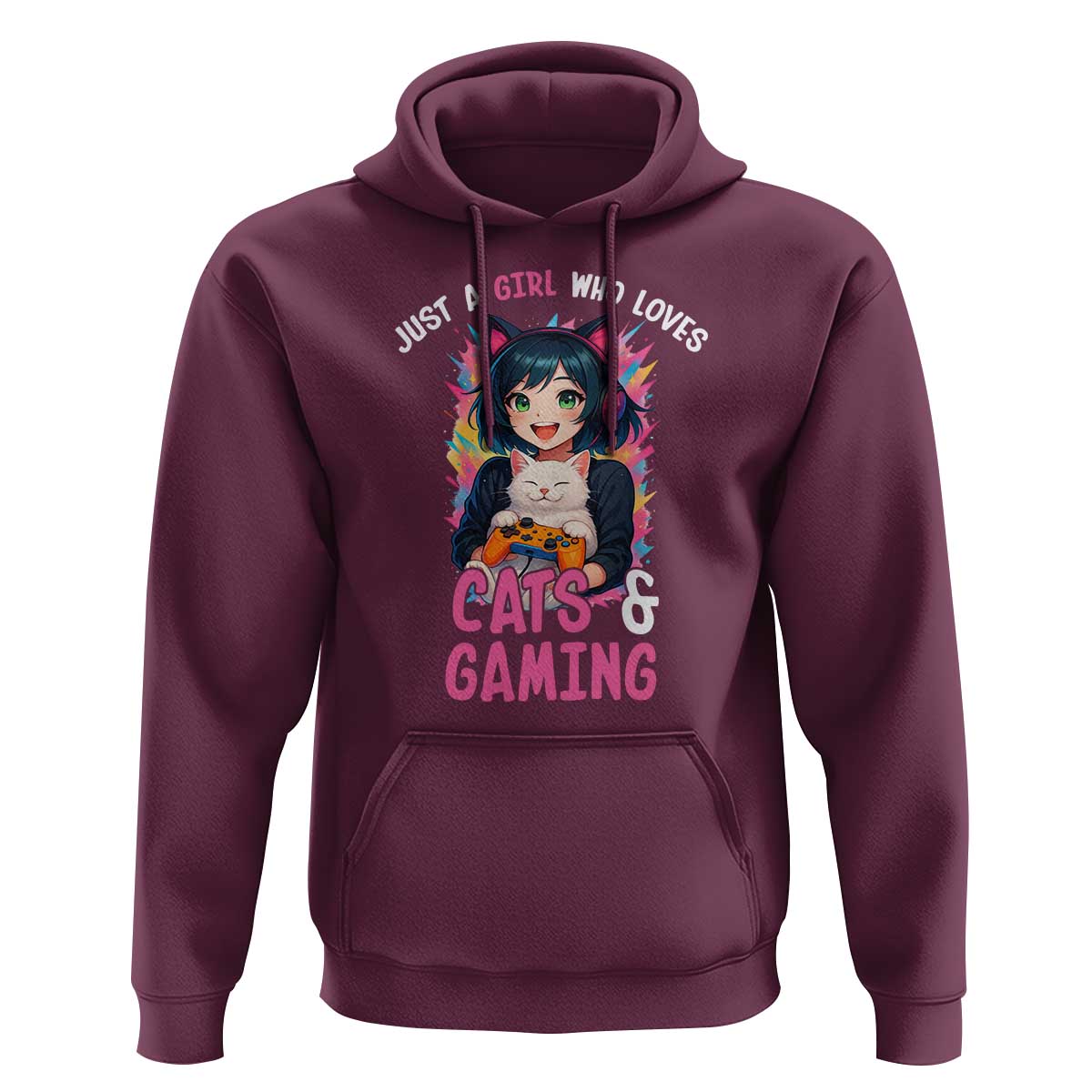 Just A Girl Who Loves Cats And Gaming Hoodie Cute Gamer Gift - Wonder Print Shop