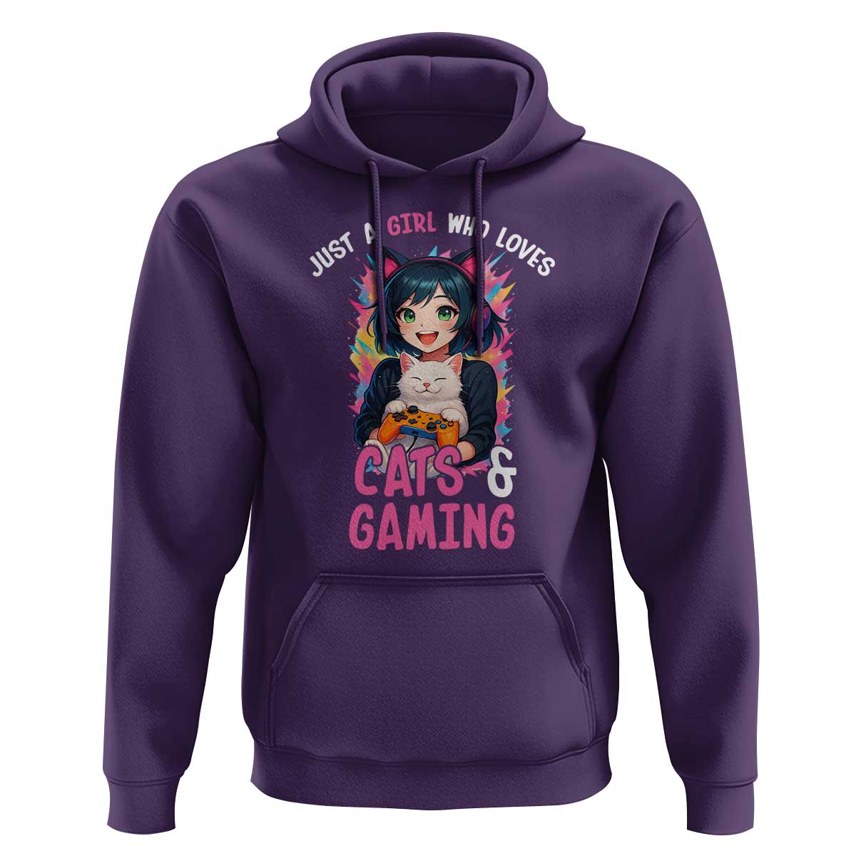 Just A Girl Who Loves Cats And Gaming Hoodie Cute Gamer Gift - Wonder Print Shop