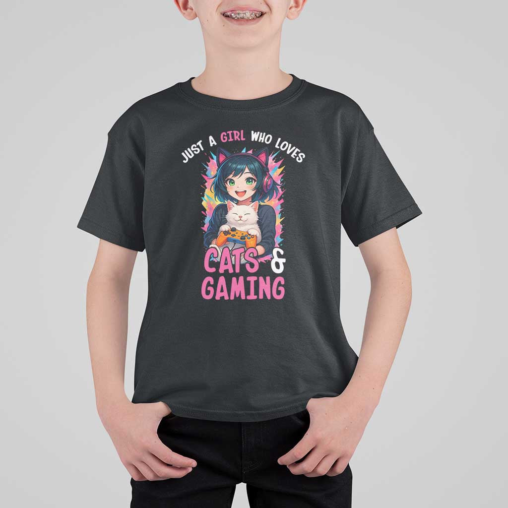 Just A Girl Who Loves Cats And Gaming T Shirt For Kid Cute Gamer Gift - Wonder Print Shop