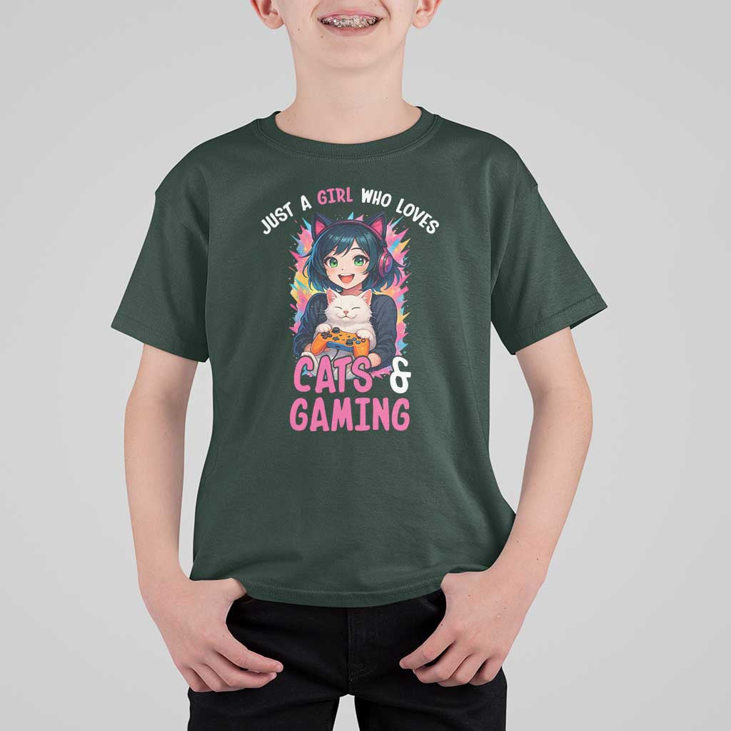 Just A Girl Who Loves Cats And Gaming T Shirt For Kid Cute Gamer Gift - Wonder Print Shop