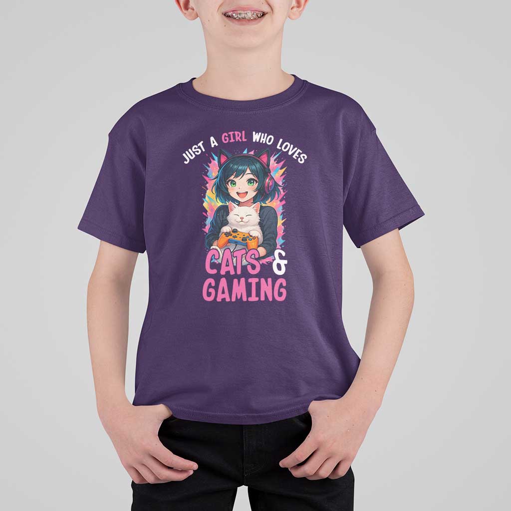 Just A Girl Who Loves Cats And Gaming T Shirt For Kid Cute Gamer Gift - Wonder Print Shop