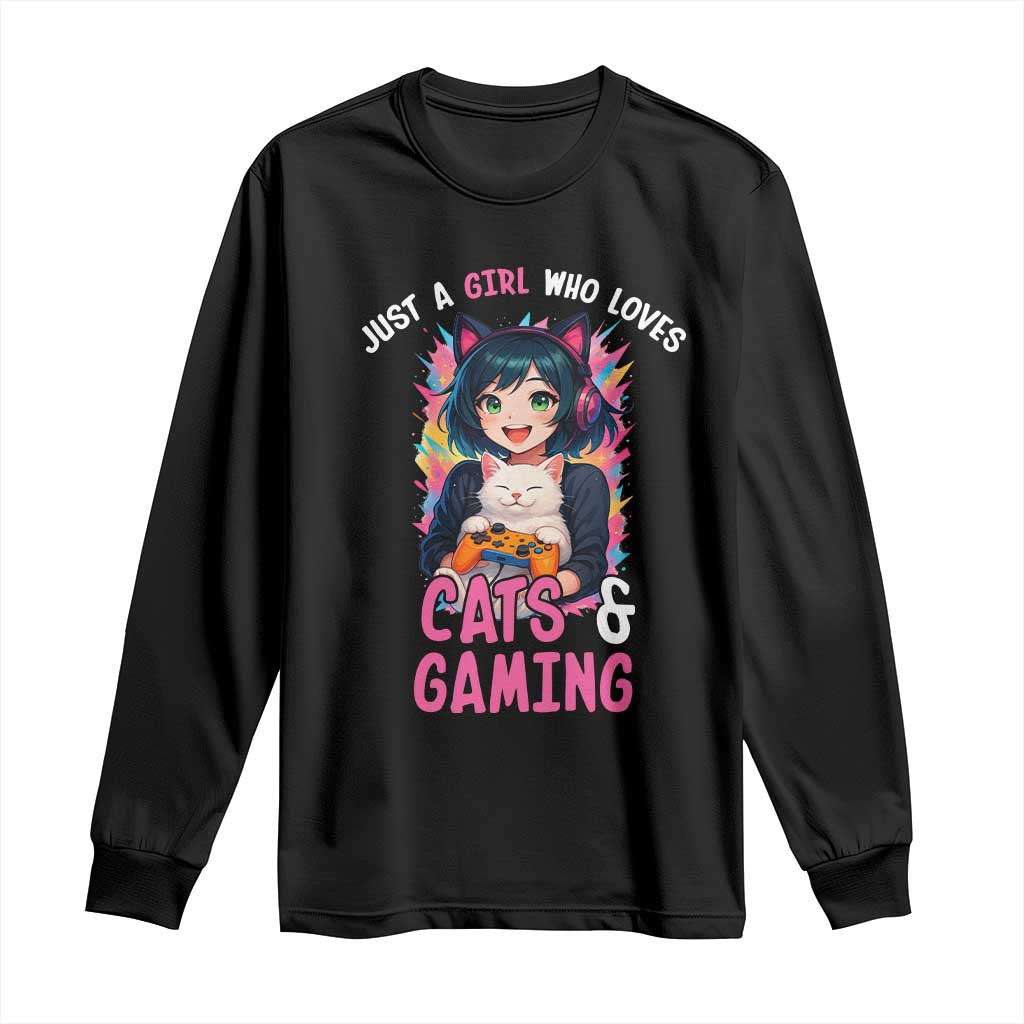 Just A Girl Who Loves Cats And Gaming Long Sleeve Shirt Cute Gamer Gift - Wonder Print Shop