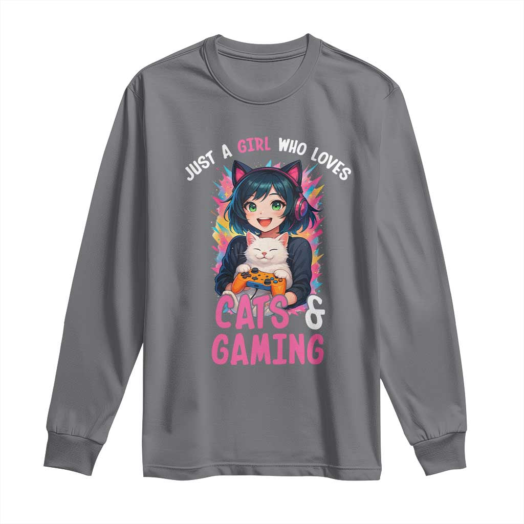 Just A Girl Who Loves Cats And Gaming Long Sleeve Shirt Cute Gamer Gift - Wonder Print Shop