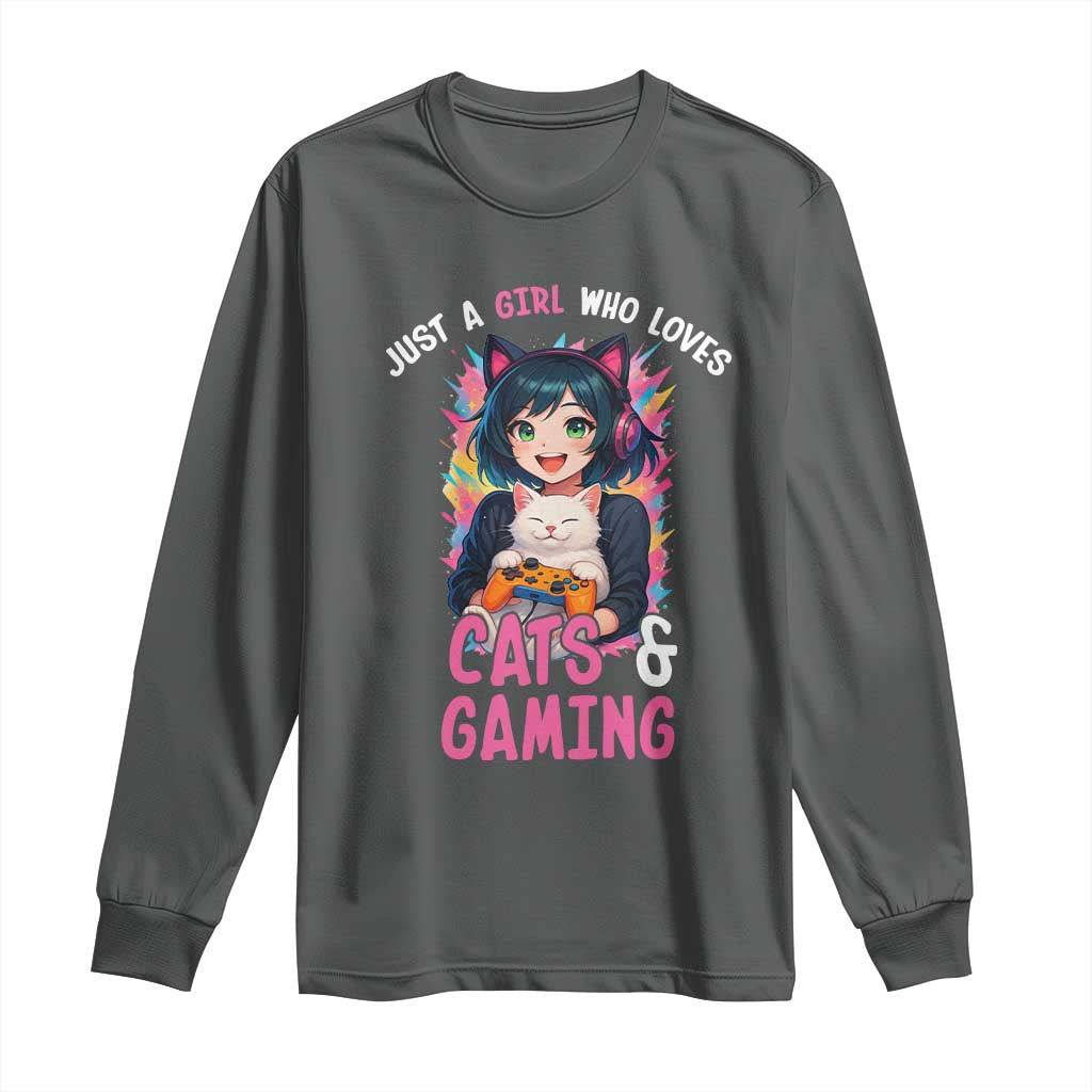 Just A Girl Who Loves Cats And Gaming Long Sleeve Shirt Cute Gamer Gift - Wonder Print Shop