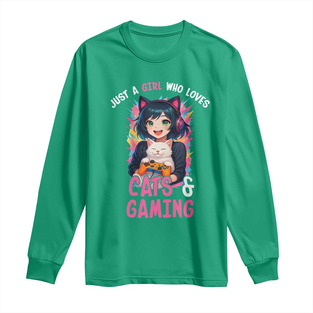 Just A Girl Who Loves Cats And Gaming Long Sleeve Shirt Cute Gamer Gift - Wonder Print Shop