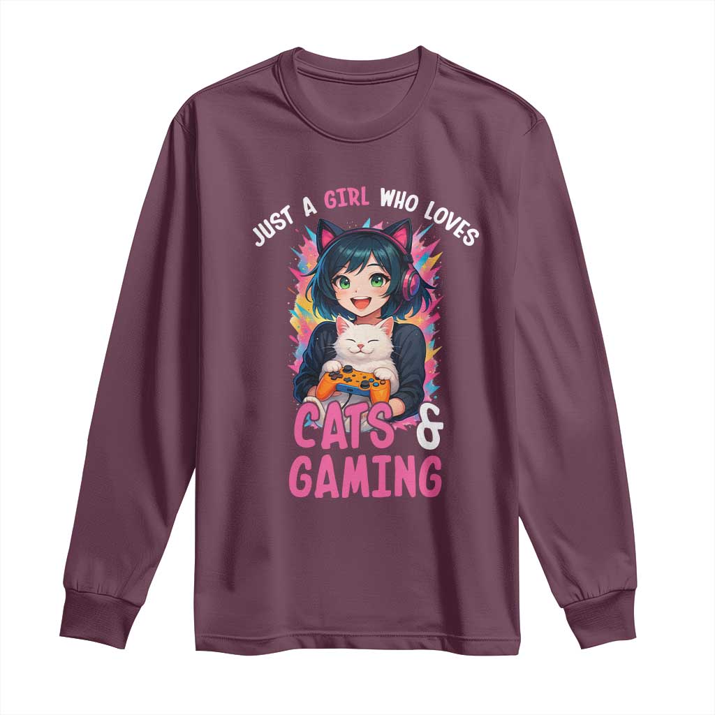 Just A Girl Who Loves Cats And Gaming Long Sleeve Shirt Cute Gamer Gift - Wonder Print Shop