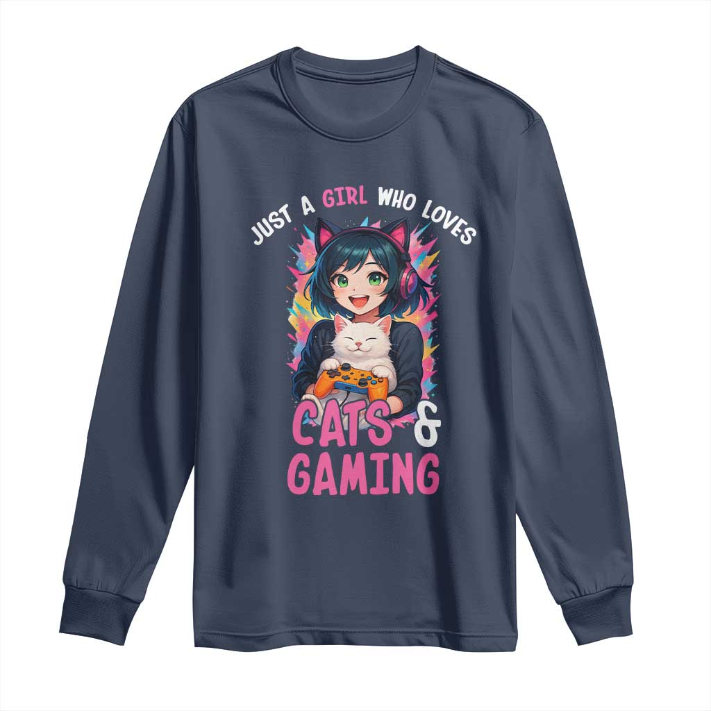 Just A Girl Who Loves Cats And Gaming Long Sleeve Shirt Cute Gamer Gift - Wonder Print Shop