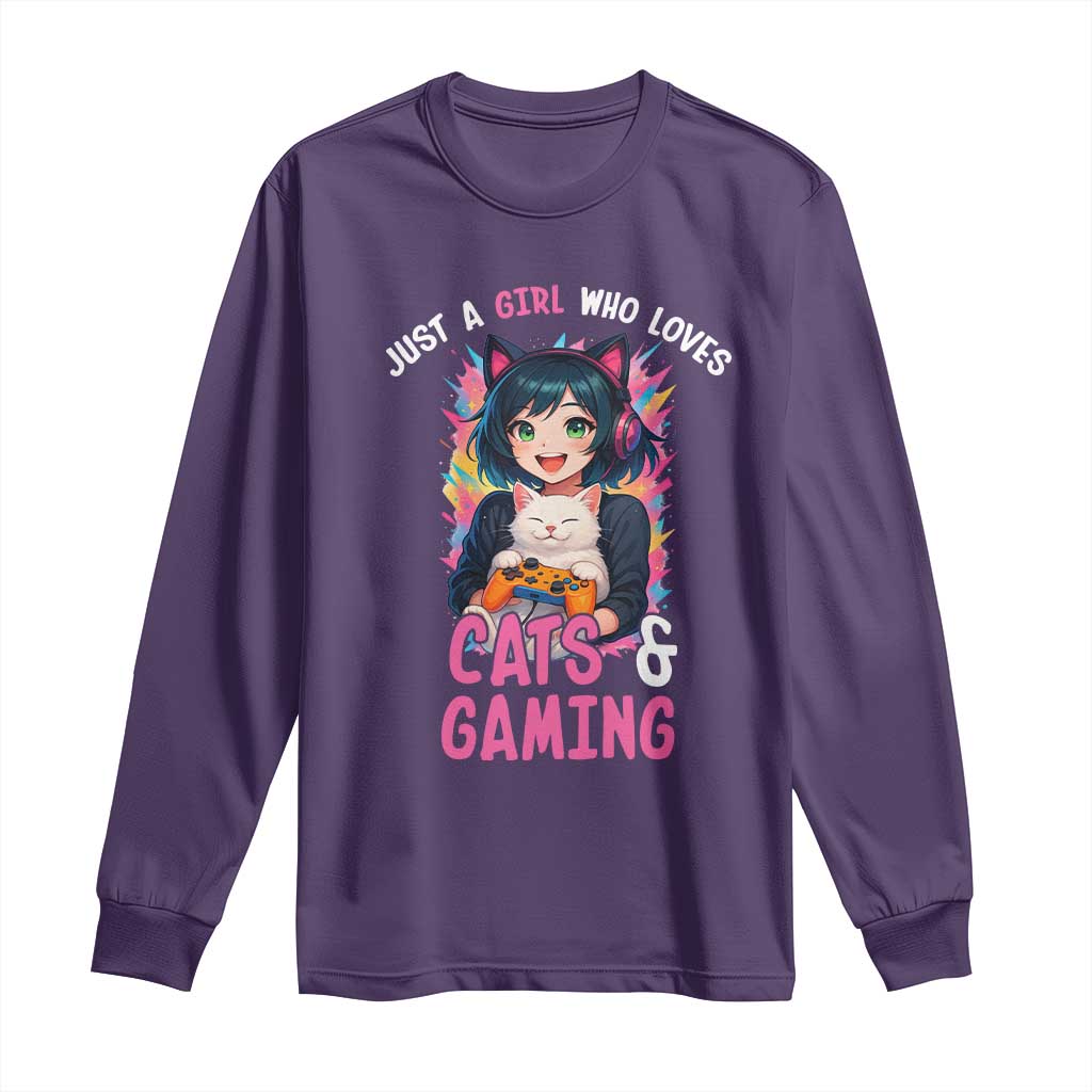 Just A Girl Who Loves Cats And Gaming Long Sleeve Shirt Cute Gamer Gift - Wonder Print Shop