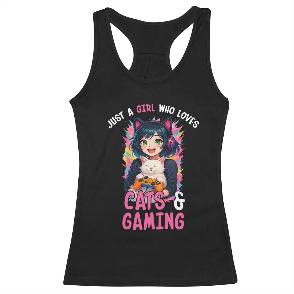 Just A Girl Who Loves Cats And Gaming Racerback Tank Top Cute Gamer Gift - Wonder Print Shop