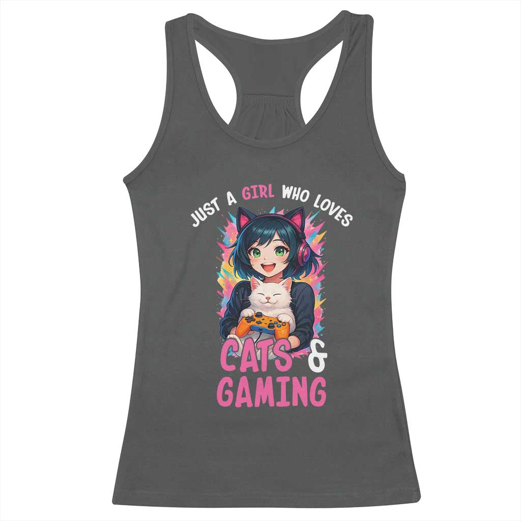 Just A Girl Who Loves Cats And Gaming Racerback Tank Top Cute Gamer Gift - Wonder Print Shop