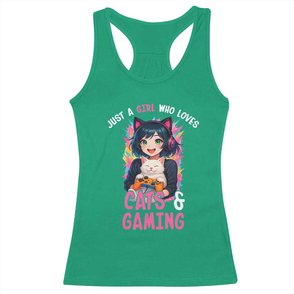 Just A Girl Who Loves Cats And Gaming Racerback Tank Top Cute Gamer Gift - Wonder Print Shop