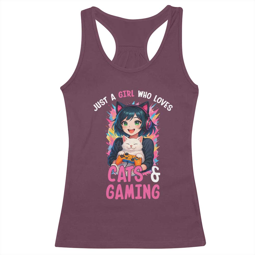 Just A Girl Who Loves Cats And Gaming Racerback Tank Top Cute Gamer Gift - Wonder Print Shop