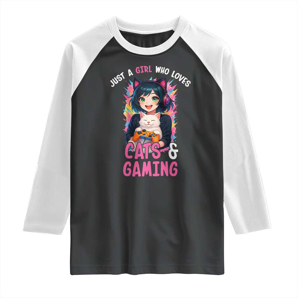 Just A Girl Who Loves Cats And Gaming Raglan Shirt Cute Gamer Gift - Wonder Print Shop