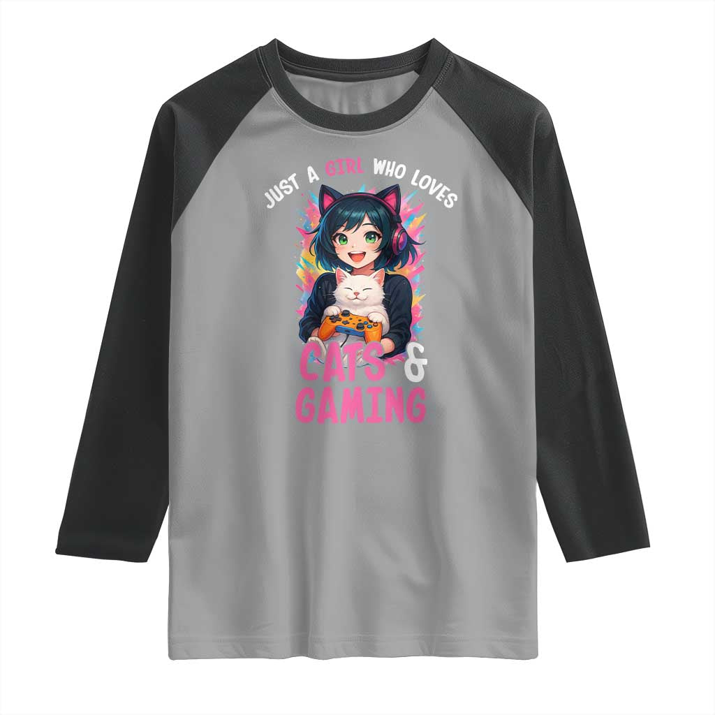 Just A Girl Who Loves Cats And Gaming Raglan Shirt Cute Gamer Gift - Wonder Print Shop