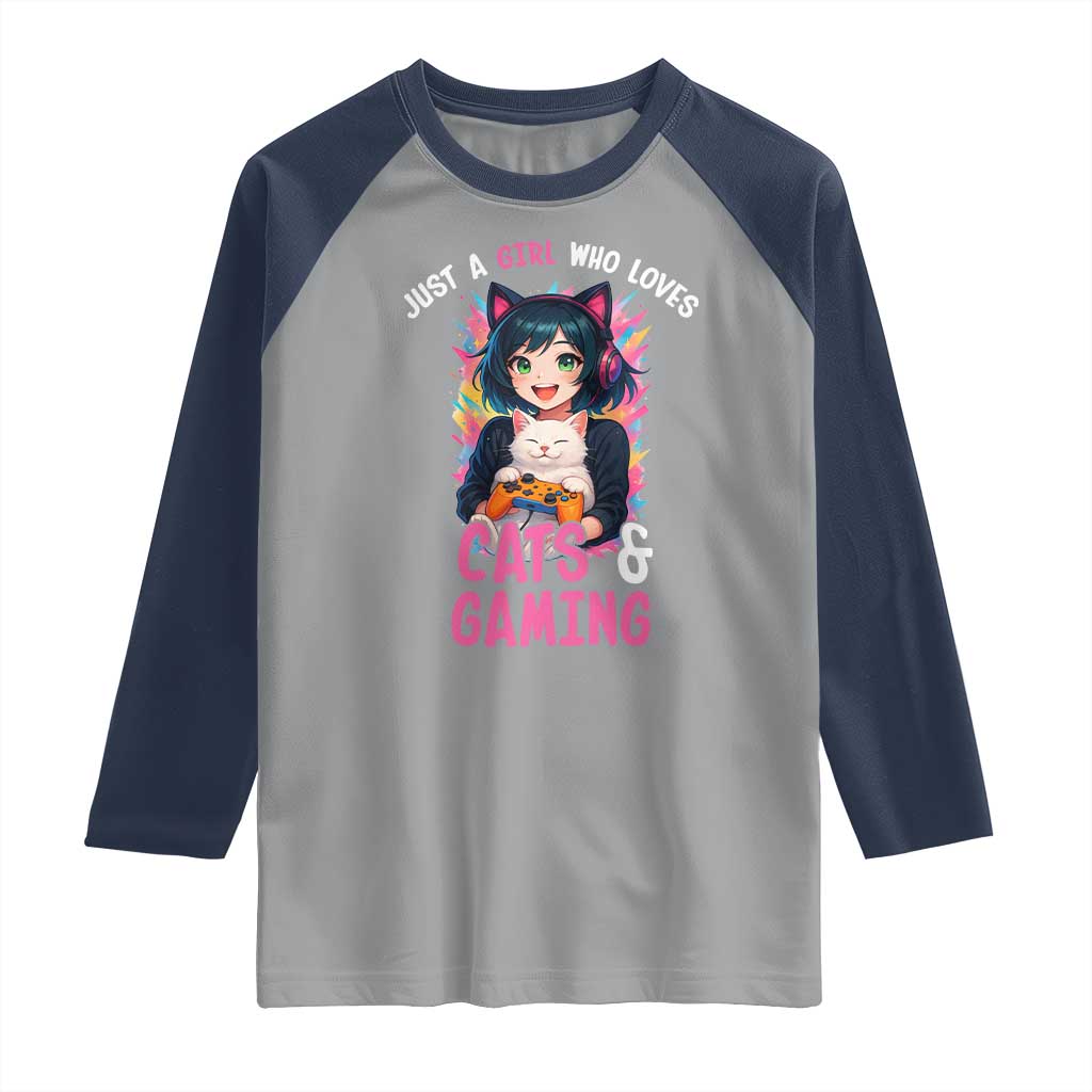 Just A Girl Who Loves Cats And Gaming Raglan Shirt Cute Gamer Gift - Wonder Print Shop
