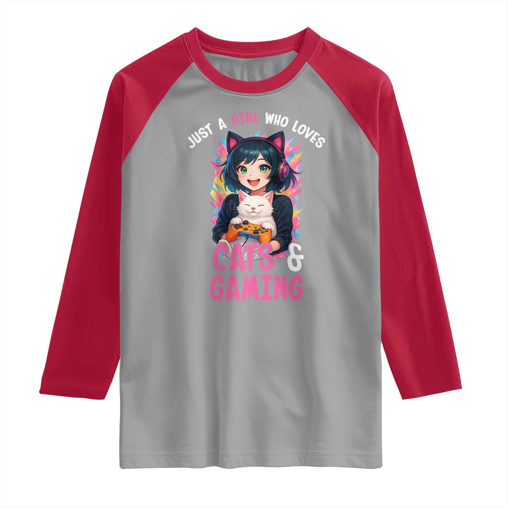 Just A Girl Who Loves Cats And Gaming Raglan Shirt Cute Gamer Gift - Wonder Print Shop