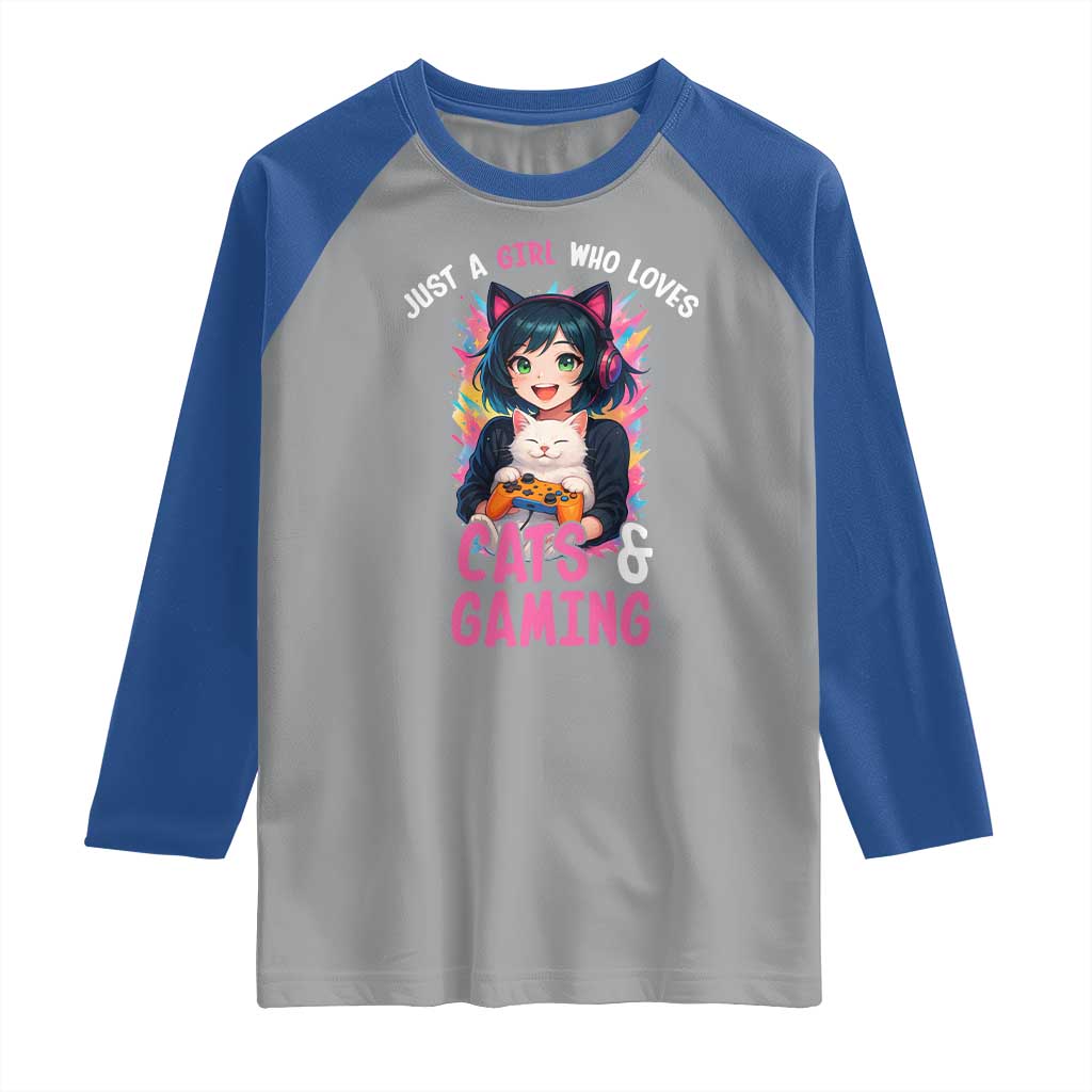 Just A Girl Who Loves Cats And Gaming Raglan Shirt Cute Gamer Gift - Wonder Print Shop