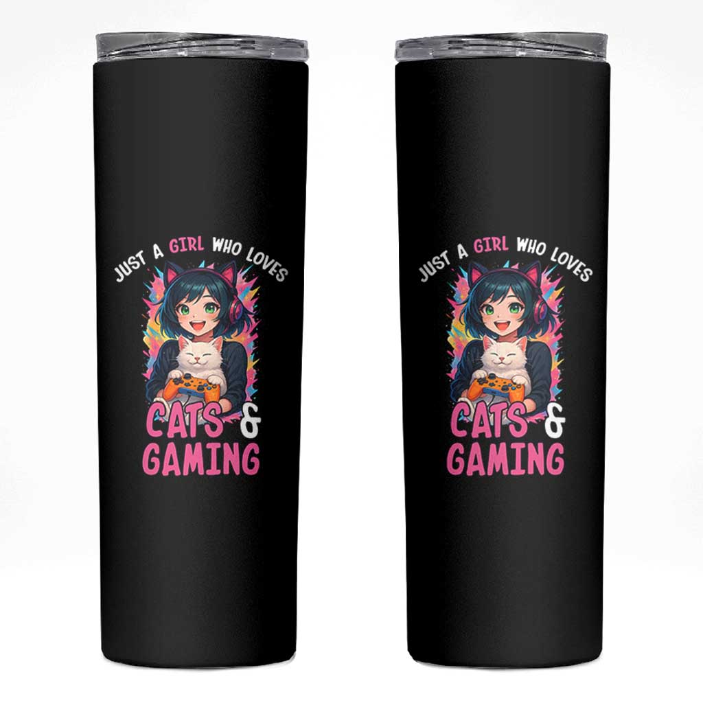 Just A Girl Who Loves Cats And Gaming Skinny Tumbler Cute Gamer Gift