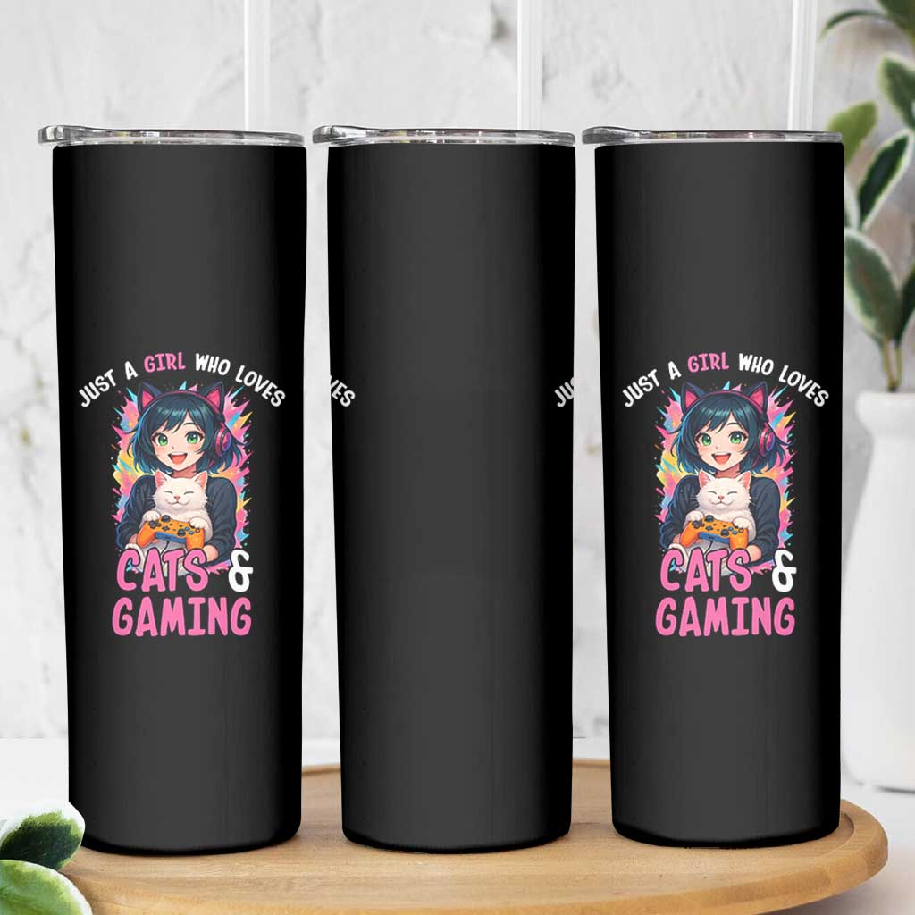 Just A Girl Who Loves Cats And Gaming Skinny Tumbler Cute Gamer Gift