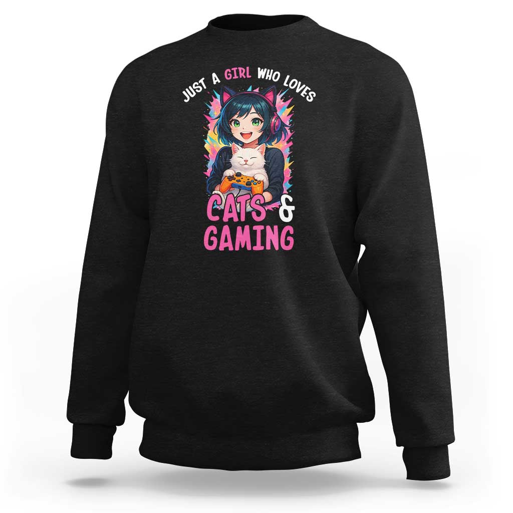 Just A Girl Who Loves Cats And Gaming Sweatshirt Cute Gamer Gift - Wonder Print Shop