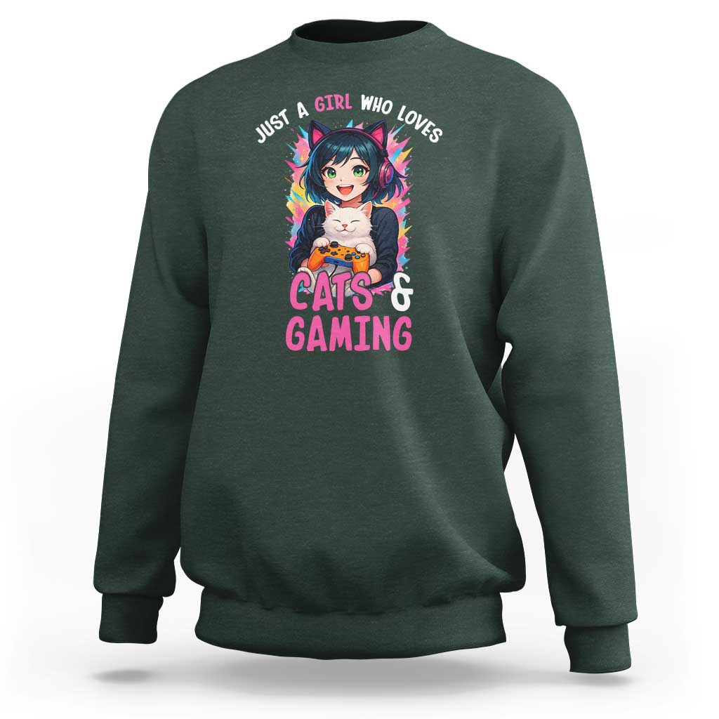 Just A Girl Who Loves Cats And Gaming Sweatshirt Cute Gamer Gift - Wonder Print Shop