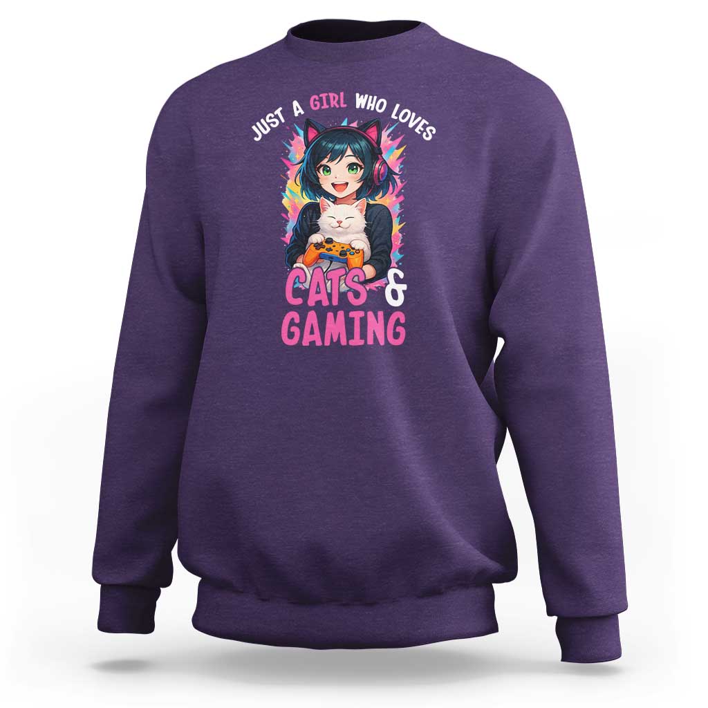 Just A Girl Who Loves Cats And Gaming Sweatshirt Cute Gamer Gift - Wonder Print Shop