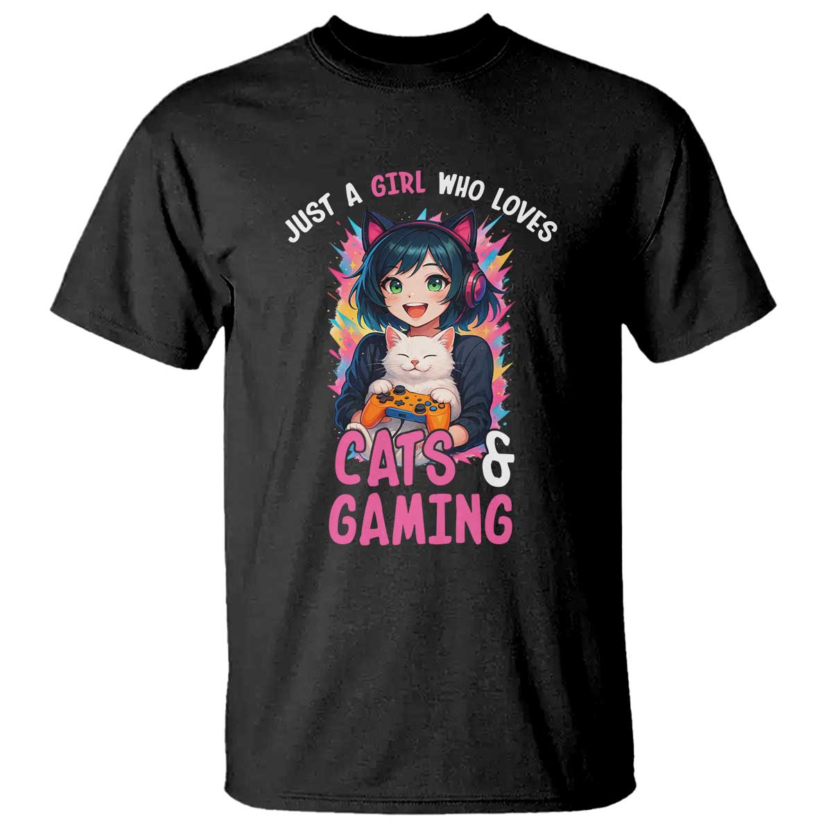 Just A Girl Who Loves Cats And Gaming T Shirt Cute Gamer Gift - Wonder Print Shop