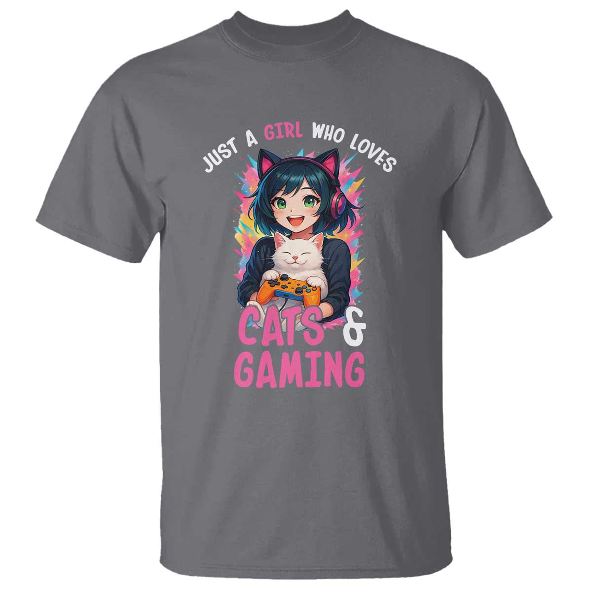 Just A Girl Who Loves Cats And Gaming T Shirt Cute Gamer Gift - Wonder Print Shop