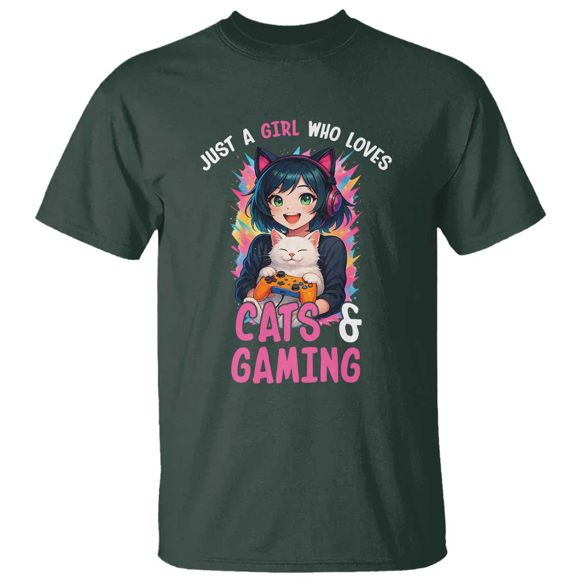 Just A Girl Who Loves Cats And Gaming T Shirt Cute Gamer Gift - Wonder Print Shop