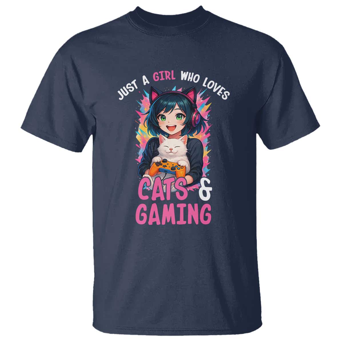 Just A Girl Who Loves Cats And Gaming T Shirt Cute Gamer Gift - Wonder Print Shop