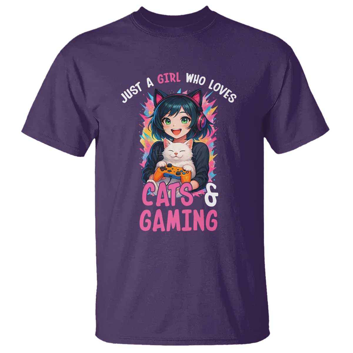 Just A Girl Who Loves Cats And Gaming T Shirt Cute Gamer Gift - Wonder Print Shop