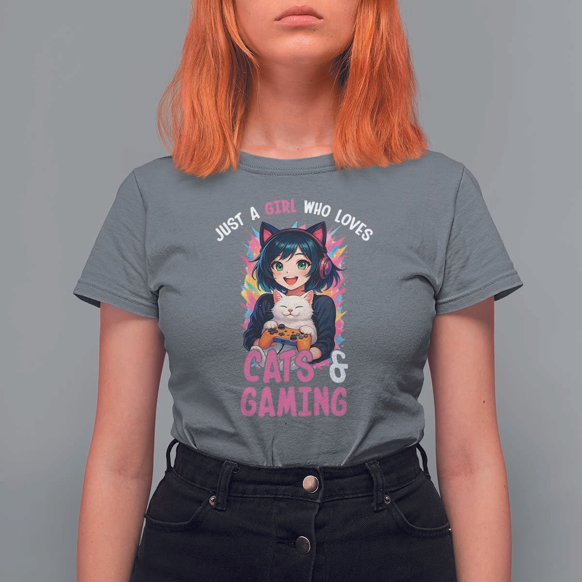 Just A Girl Who Loves Cats And Gaming T Shirt For Women Cute Gamer Gift - Wonder Print Shop