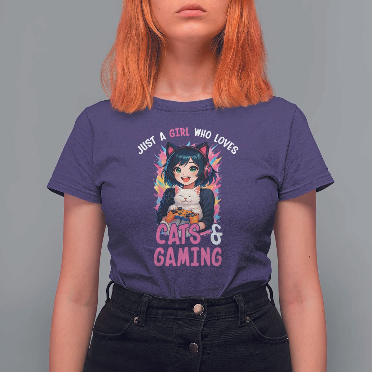 Just A Girl Who Loves Cats And Gaming T Shirt For Women Cute Gamer Gift - Wonder Print Shop