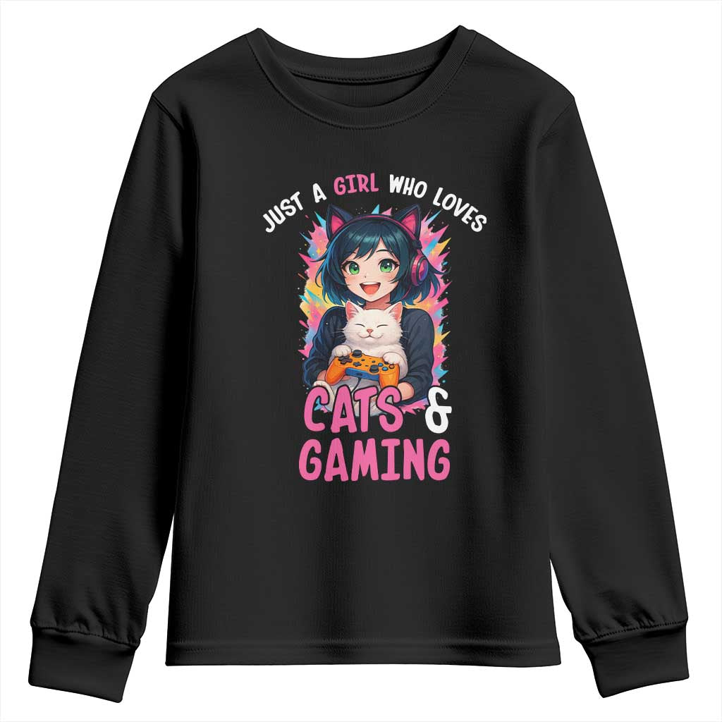 Just A Girl Who Loves Cats And Gaming Youth Sweatshirt Cute Gamer Gift - Wonder Print Shop