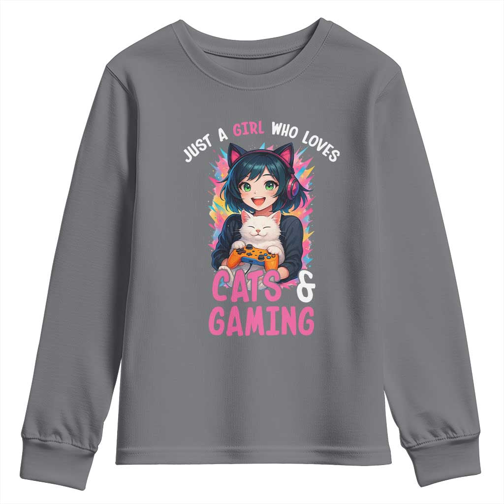 Just A Girl Who Loves Cats And Gaming Youth Sweatshirt Cute Gamer Gift - Wonder Print Shop