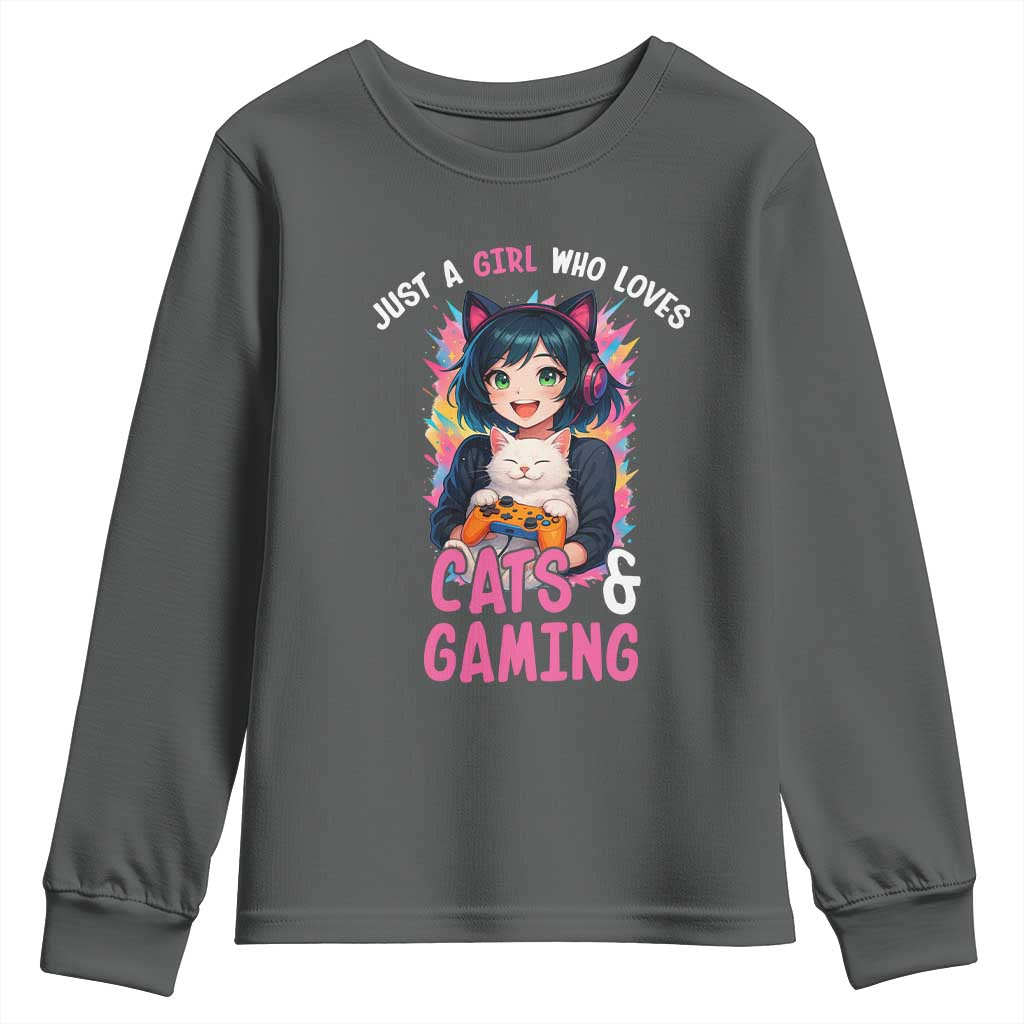 Just A Girl Who Loves Cats And Gaming Youth Sweatshirt Cute Gamer Gift - Wonder Print Shop