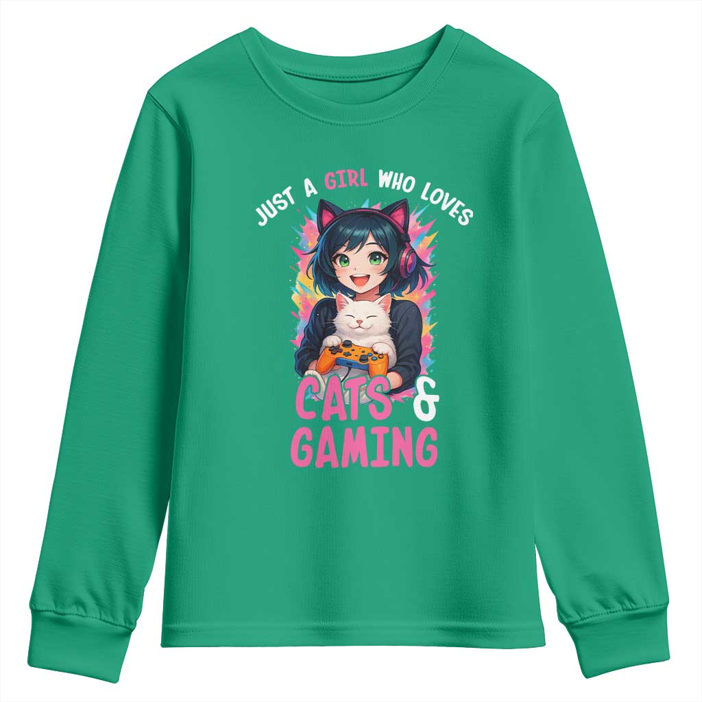 Just A Girl Who Loves Cats And Gaming Youth Sweatshirt Cute Gamer Gift - Wonder Print Shop