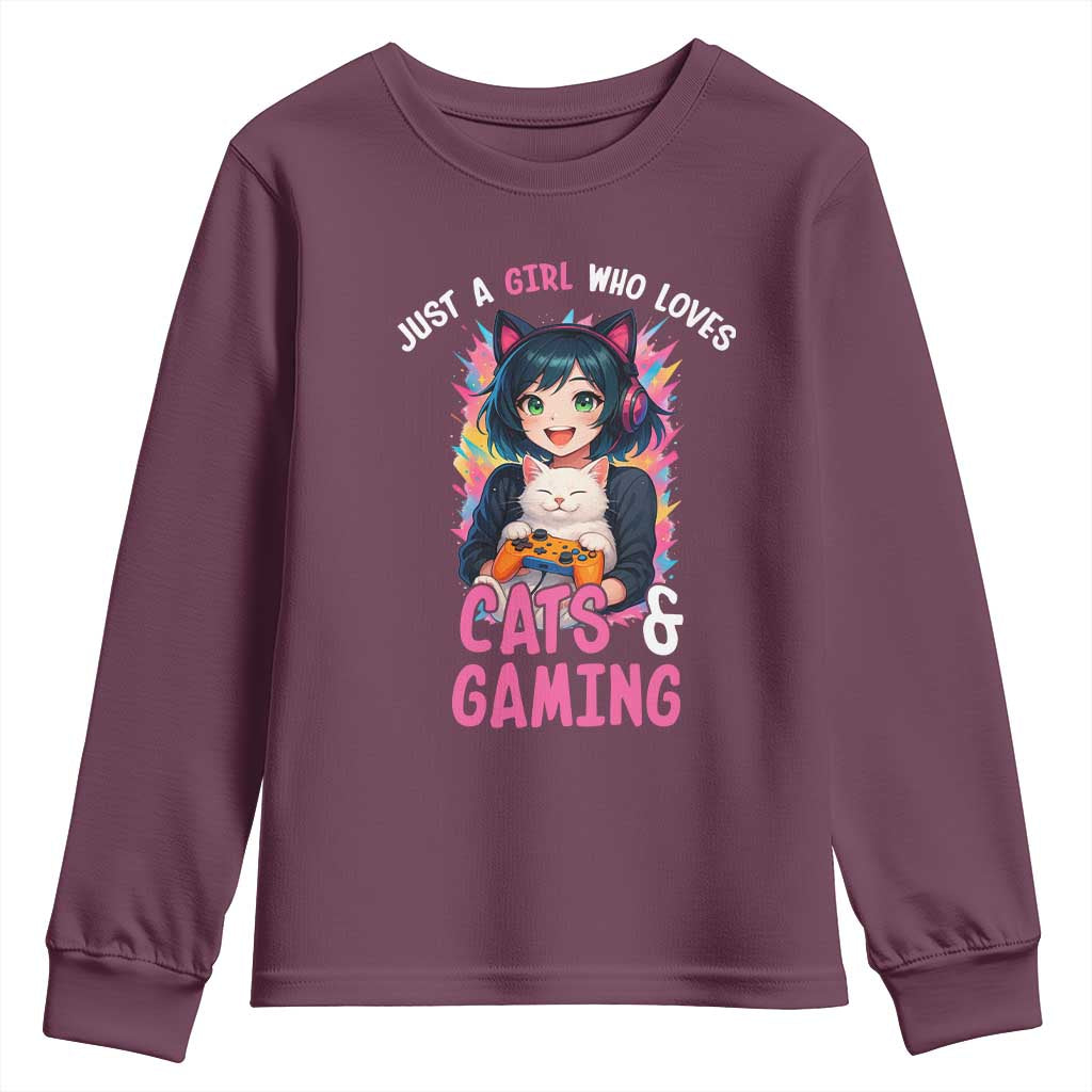 Just A Girl Who Loves Cats And Gaming Youth Sweatshirt Cute Gamer Gift - Wonder Print Shop