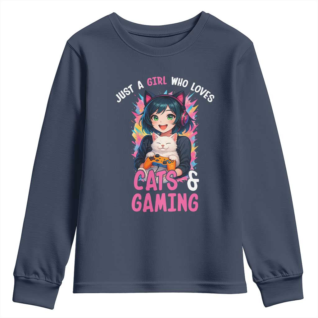 Just A Girl Who Loves Cats And Gaming Youth Sweatshirt Cute Gamer Gift - Wonder Print Shop
