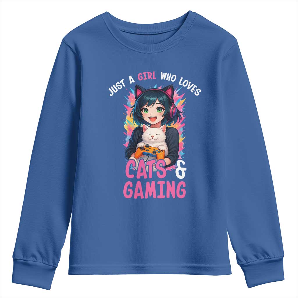 Just A Girl Who Loves Cats And Gaming Youth Sweatshirt Cute Gamer Gift - Wonder Print Shop