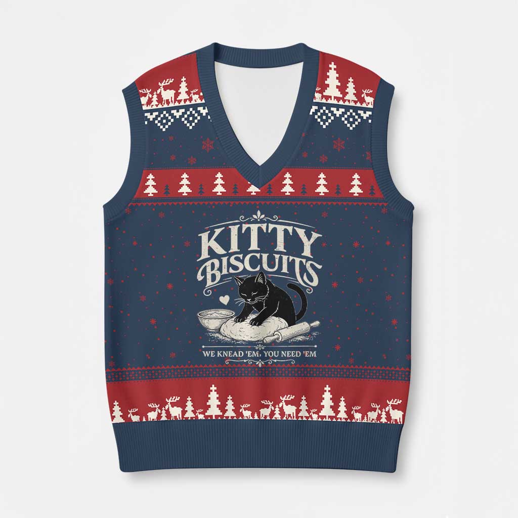 Kitty Biscuits We Knead Em You Need Em V-Neck Knit Sweater Vest Funny Black Cat Making Biscuits Baking