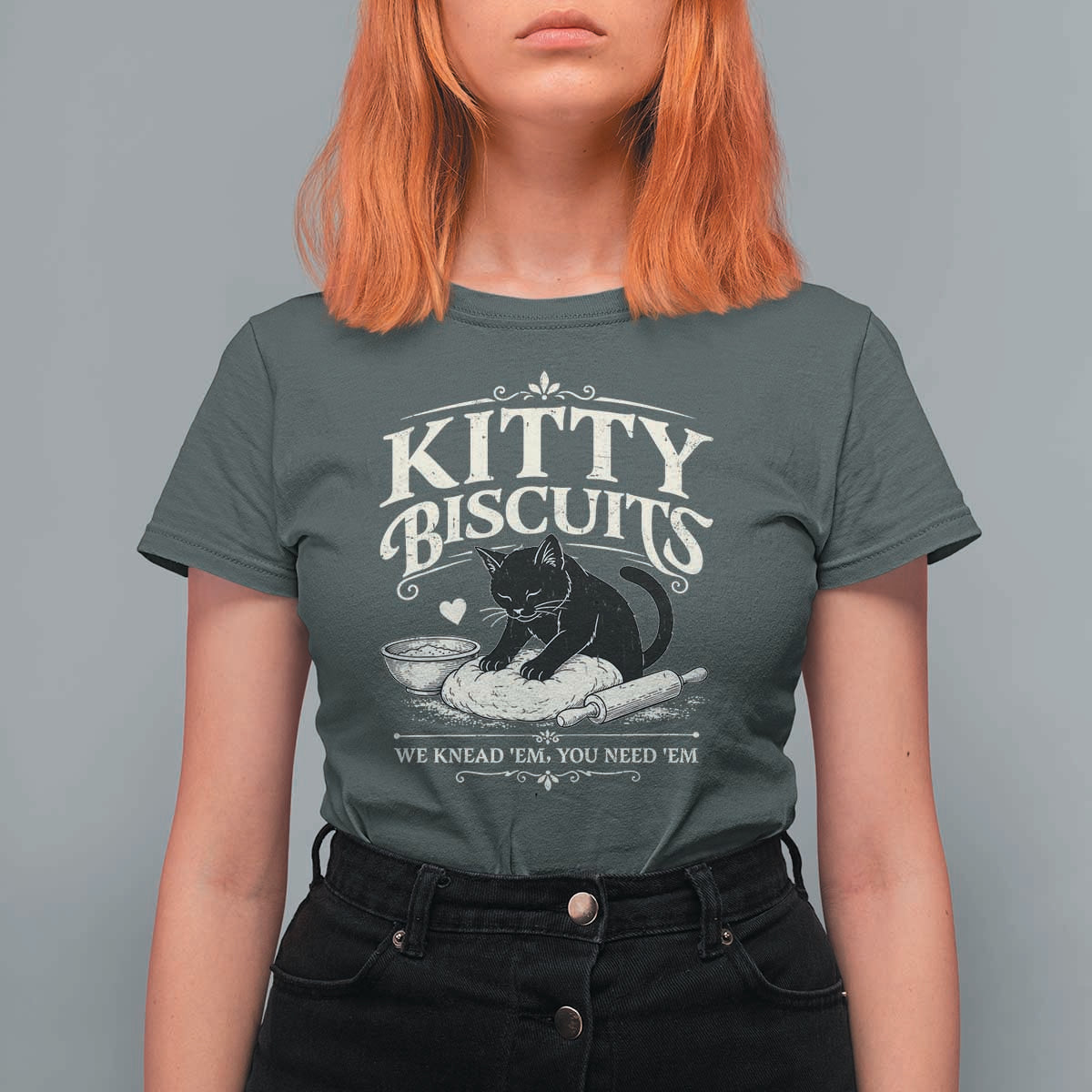 Kitty Biscuits We Knead Em You Need Em T Shirt For Women Funny Black Cat Making Biscuits Baking